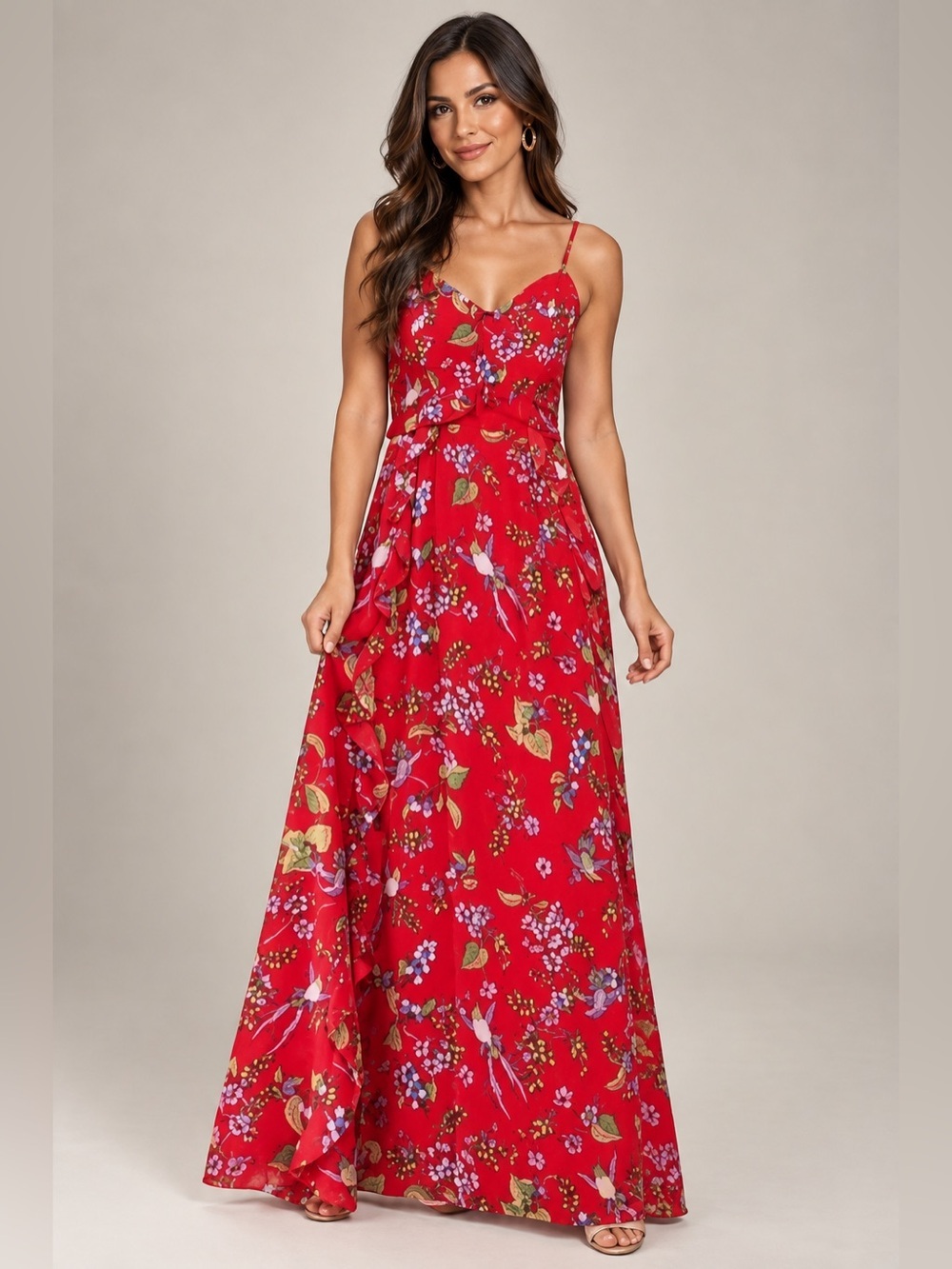 Nanette Lepore Paradise Dreaming Floral Hummingbird Ruffle Maxi Dress Size 10